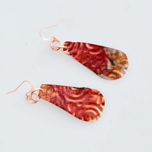 Embossed Solid Copper Red Statement Earrings Drop - Picture 5 of 5